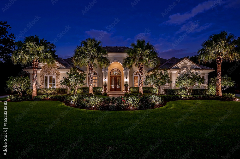 Fototapeta premium Stunning nighttime illumination of luxurious florida home