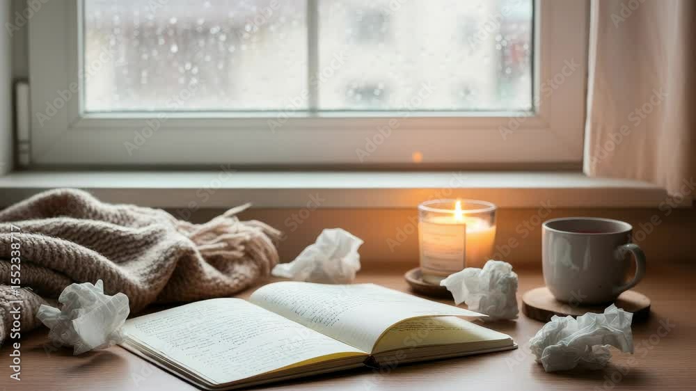 Cozy setup with open book, candle, sweater, and tissues by rainy window