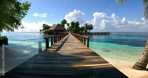 Wooden dock extending to a tropical island scene with a hut and palm trees and turquoise water on a sunny day