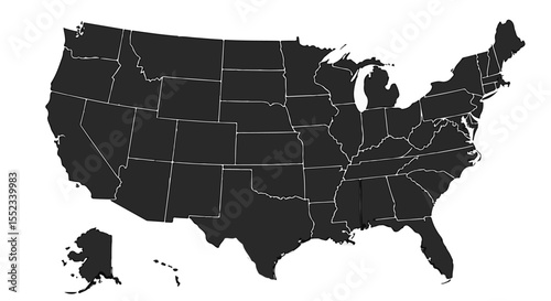 United States map presents the outline of each state with a dark gray solid fill and white borders against a white background.