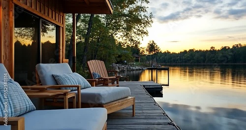 Video screenshot featuring wooden deck with lounge chairs overlooking serene lake at sunset with cabin exterior in background