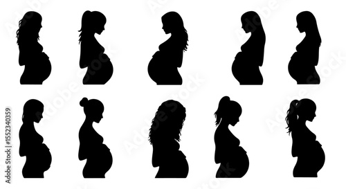 Silhouette portrayals illustrate stages of pregnancy, depicting expectant mothers and maternal care during gestation
