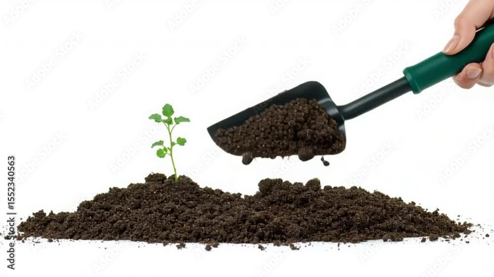 mano de mujer recogiendo tierra con una pala negra pequeña, sobre fondo blanco, con planta floreciendo, concepto ecología, dia de la tierra, cultivos organicos