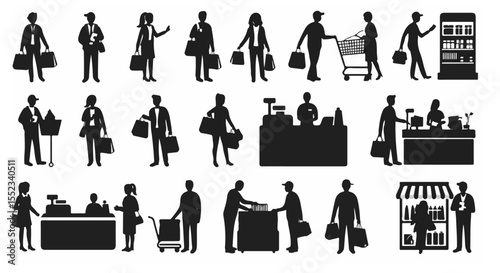Silhouettes of customers shopping in stores, including grocery shopping and retail, creates a diverse scene.