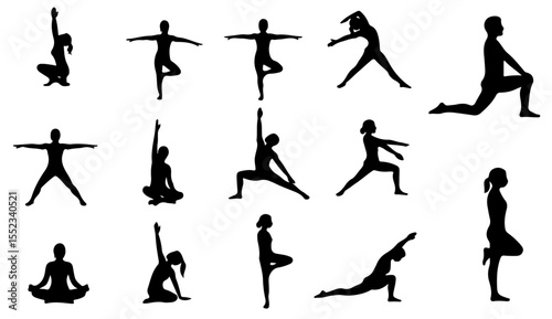 Silhouette figures illustrate a range of yoga poses in different asanas and stretches for healthy lifestyle.