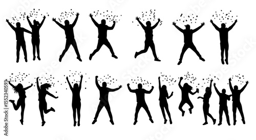 Silhouettes of people celebrate with confetti in the air, showing excitement, achievement, and a feeling of success for a party.