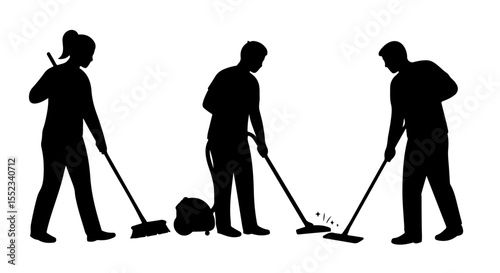 Cleaning crew sweeps floors with brooms in black silhouette against a white background, showcasing collaborative teamwork.
