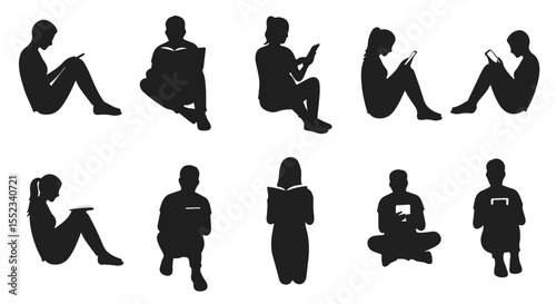 Silhouettes of people reading books and using digital tablets represent relaxation and technology's integration into leisure activities.