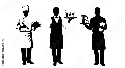 Silhouettes present a restaurant team including a chef, waiter, and server in simple black and white graphics