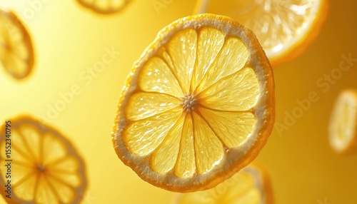 Vibrant lemon slices, juicy, citrusy texture. Dried fruit offers refreshing, healthy snack. Lemony pattern, round shape with vivid yellow orange color, thin rind create attractive close-up view.