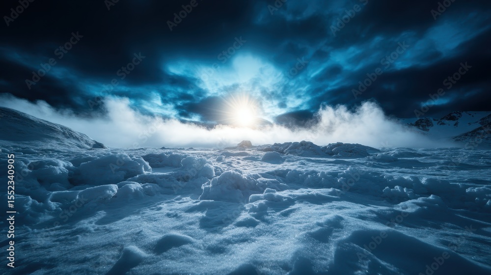 An enchanting winter sunrise breaking through dark clouds over a serene snowy landscape, revealing the ethereal beauty of nature and the transition of day. An enchanting winter sunrise breaking through dark clouds over a serene snowy landscape, revealing the ethereal beauty of nature and the transition of day.