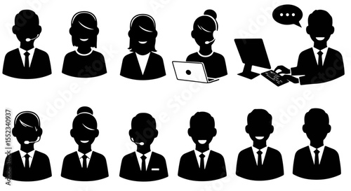 Isolated vector silhouettes of customer service representatives, call center agents, and support staff ready to assist clients