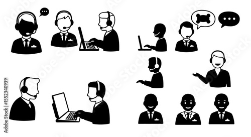 Customer service icons in black, representing support staff and online communication assistance for global contact center services.