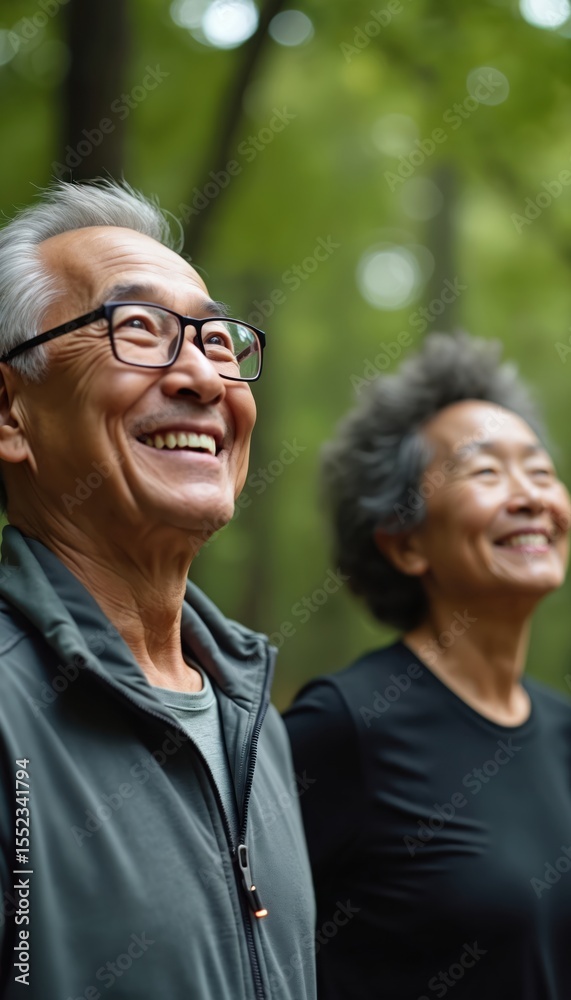 Fototapeta premium Happy older South Asian couple enjoys nature outdoors. Smiling people wear glasses, look upward. Together in forest park, they exercise improve health. Active lifestyle, fitness, wellness.