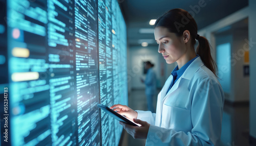 Medical worker works with electronic database, data access, storage, digital tech. Woman doctor in lab coat uses tablet with virtual interface. Big data, innovation, future of medicine. Healthcare