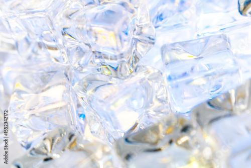 Macro Close-Up of Transparent Ice Cubes with Abstract Light Reflections and Crystal-Clear Frozen Texture