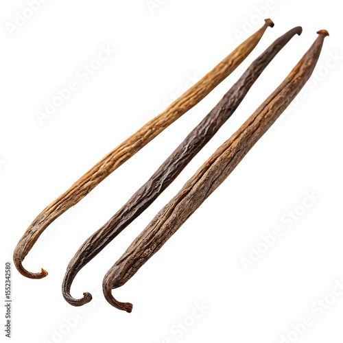Three dried vanilla bean pods in varying shades of brown and tan arranged diagonally on a black background isolated on a transparent background