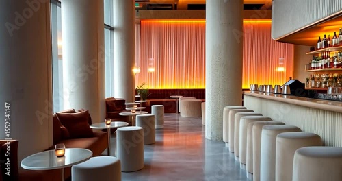 Interior shot of modern lounge area with orange and white decor with a bar and seating area