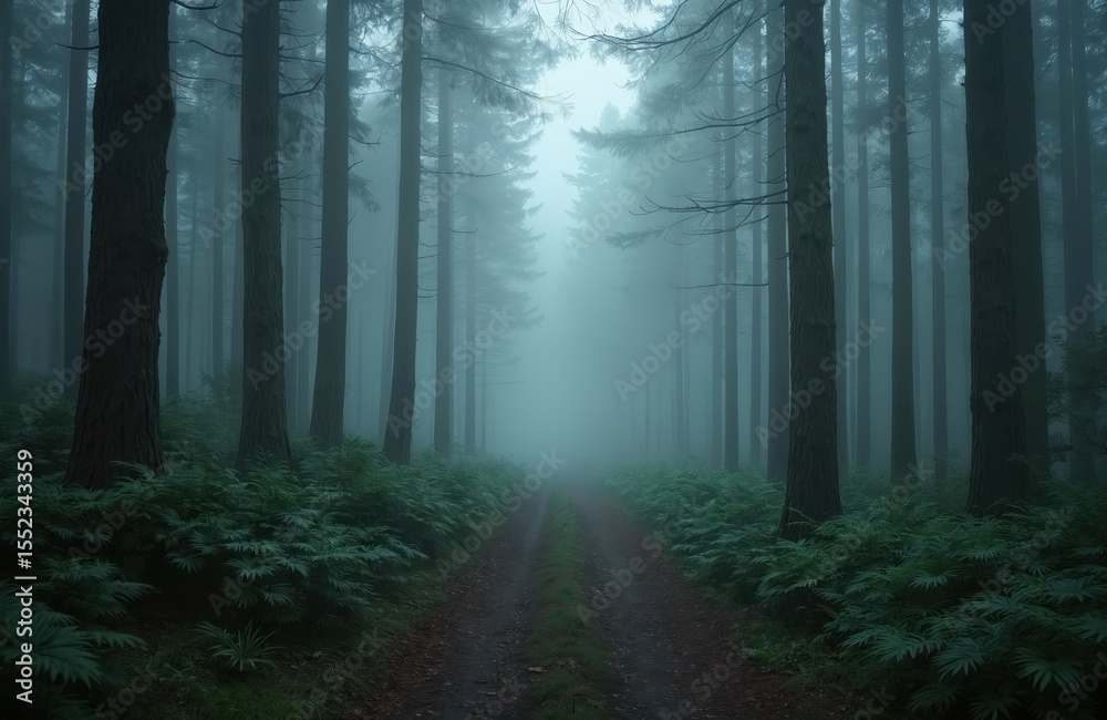 Obraz premium Foggy path winding through woods, shrouded in mist. Misty trail, creates mysterious atmosphere. Journey, wander, serene, peaceful forest landscape. Nature, exploration, hiking, walking, adventure,