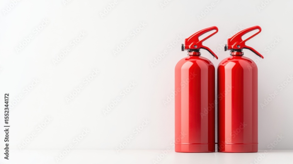 Obraz premium Display of Two Bright Red Fire Extinguishers on a Plain White Background