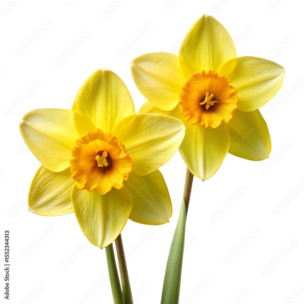 Naklejka premium Two bright yellow daffodils with orange centers and green stems isolated on a transparent background 3