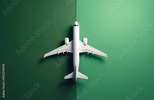 White plane on green background. Minimalist flat lay design of travel concept with plane. Vacation tour business, tour operator, tourism. Transportation, flight, trip.