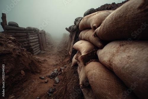 Foggy trench landscape with wooden structures and sandbags A pathway leads through the trench