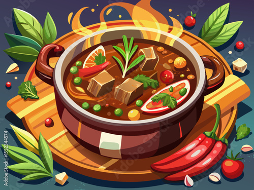 vector of Beef dish with a lot of flavor, slow cooked in a tasty broth, with tender and delicious meat with some...