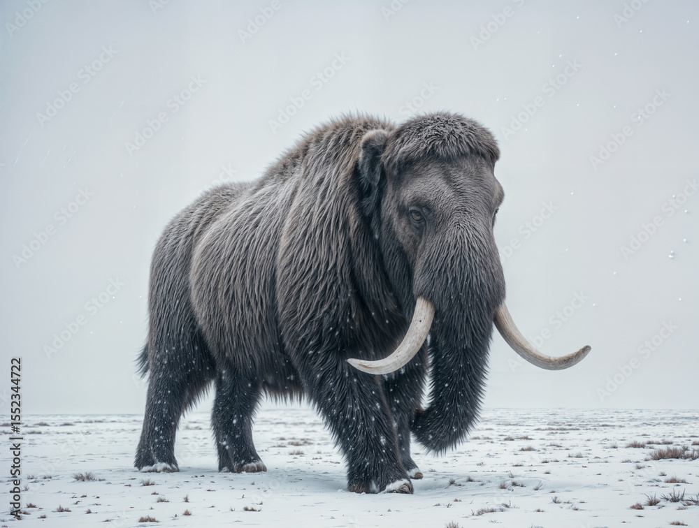 Obraz premium The image depicts a woolly mammoth standing in a snowy landscape. The mammoth has