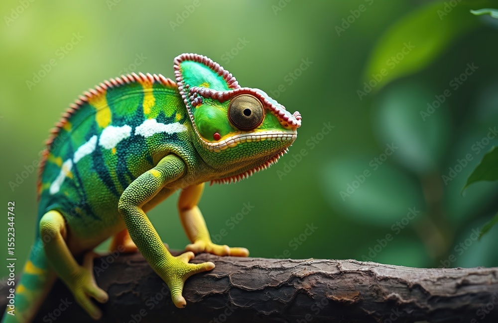 Fototapeta premium Colorful chameleon sits on branch, green background. Lizard displays camouflage, eye contact. Tropical reptile, exotic fauna wildlife nature. Close-up photo.