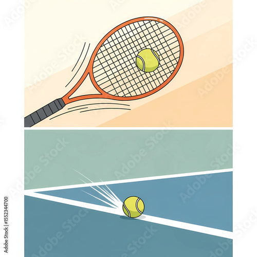 Tennis game: hitting ball, bounced ball illustration