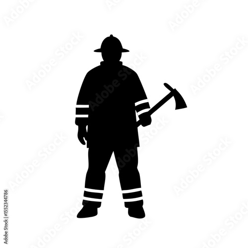 Silhouette of a firefighter in full gear holding an axe ready for action and responding to emergency calls