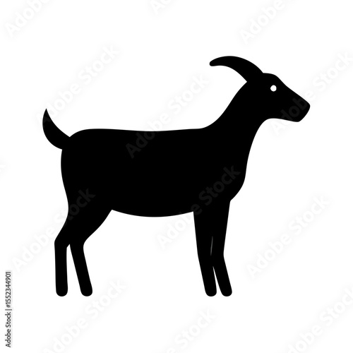 A solid black depiction of a domestic animal with short horns standing on a white background plain design