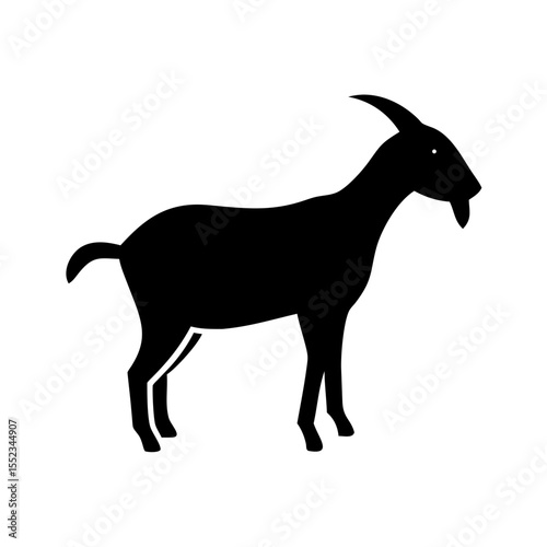 Silhouette depiction of a horned farm animal standing calmly on a white background in simple style