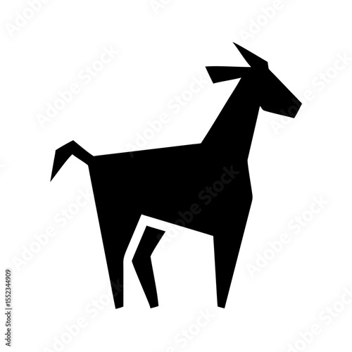 A simple geometric depiction of a goat standing in profile with angular shapes and solid black color