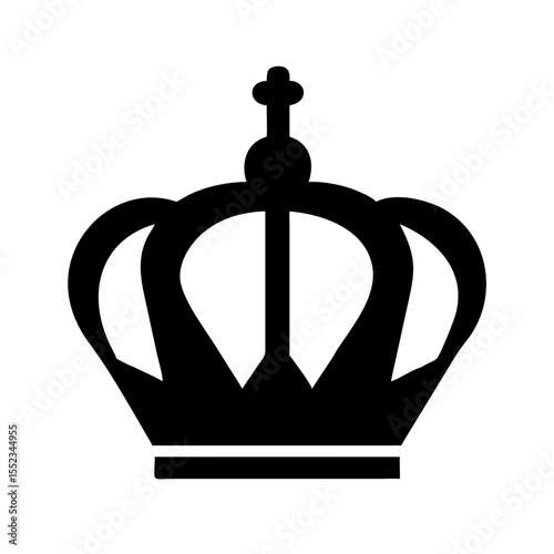 Simple graphic representation of a royal crown with a cross at the top in solid black color