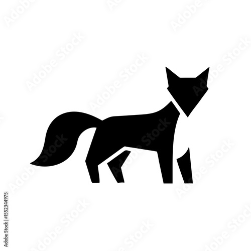Stylized depiction of a black canine with pointed ears and a bushy tail standing alertly in profile view
