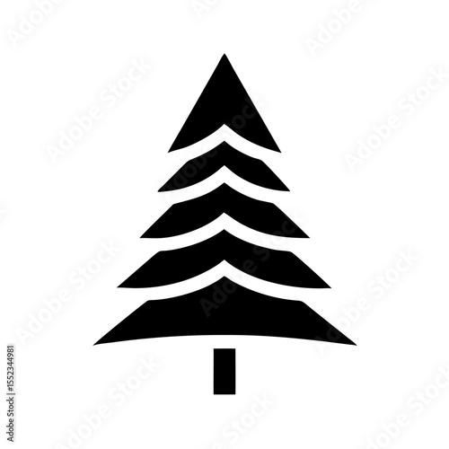 A stylized evergreen conifer with triangular branches and a rectangular trunk stands alone in black and white