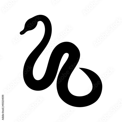 Stylized serpent form with a curved body and a small head in a solid black color on a white backdrop