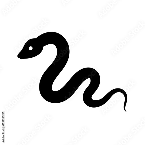 A simple graphic depiction of a serpent coiled with a dark silhouette and a single white eye detail present