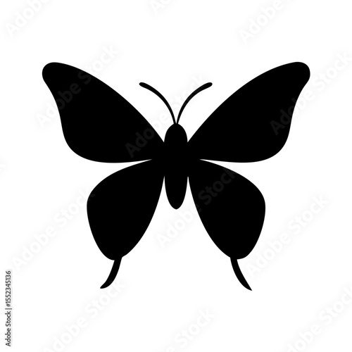 A simple graphic of a dark silhouette of a butterfly with wings spread on a white background image
