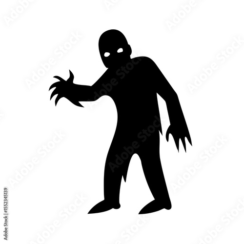 Silhouette of a spooky undead creature with glowing eyes reaching out on a white background scene horror