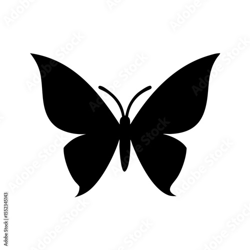 A simple graphic of a black butterfly with symmetrical wings on a white background is shown here