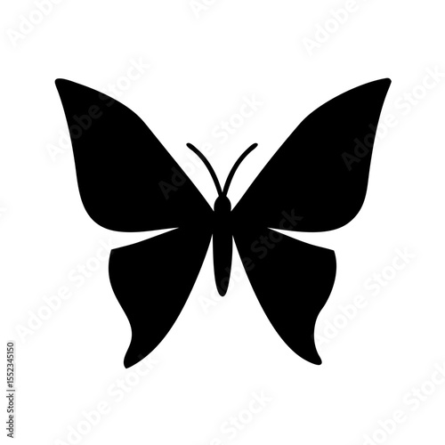 A simple graphic of a black butterfly with symmetrical wings on a white background is displayed here