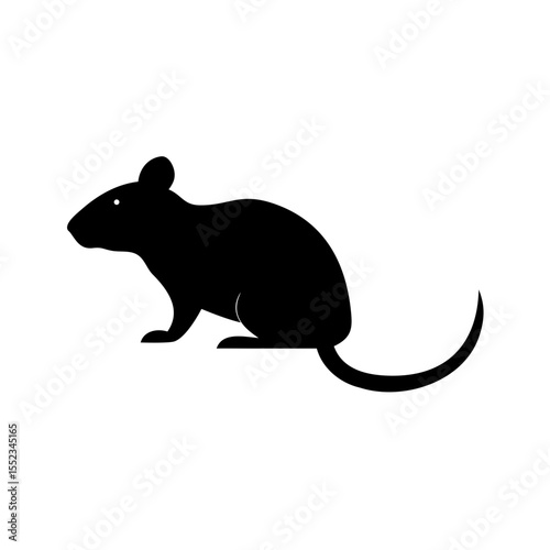 Silhouette of a small rodent with a long tail and rounded body facing left on a white background