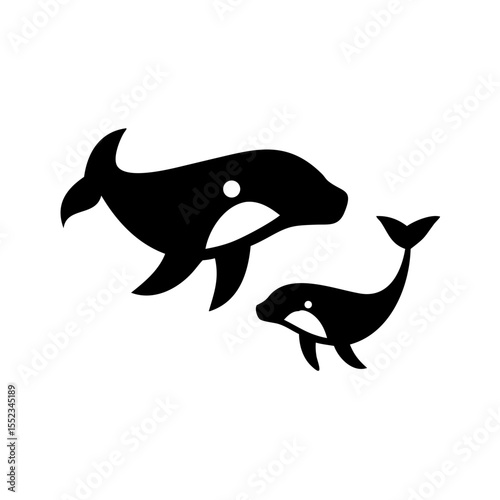 Two marine mammals swimming together in the ocean in a simple graphic representation of the creatures
