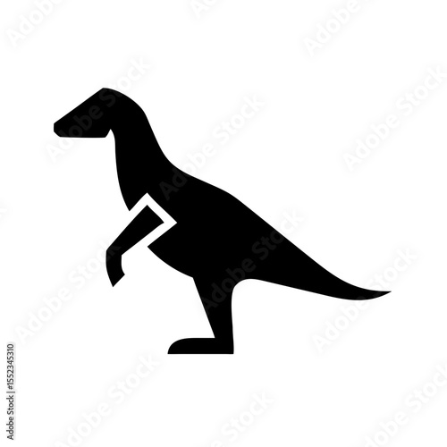Silhouette of a theropod dinosaur standing on two legs with a long tail and small arms shown on white
