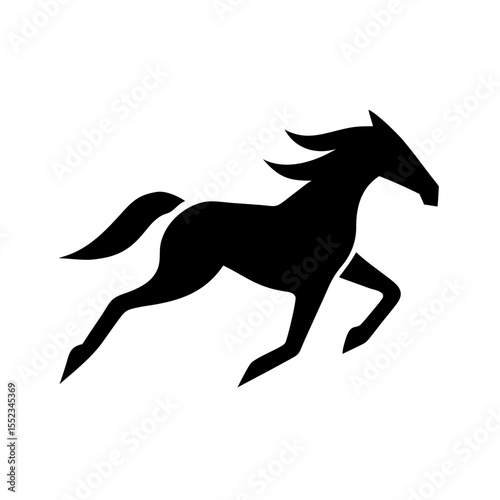 Silhouette of a galloping equine with flowing mane and tail in a dynamic pose against white background