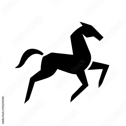 Stylized black equine figure prancing with geometric shapes on a white background design piece