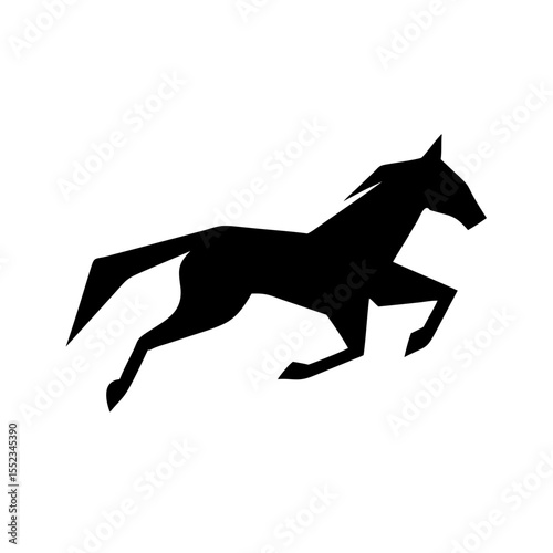 Geometric depiction of a black equine figure leaping against a plain white backdrop design element